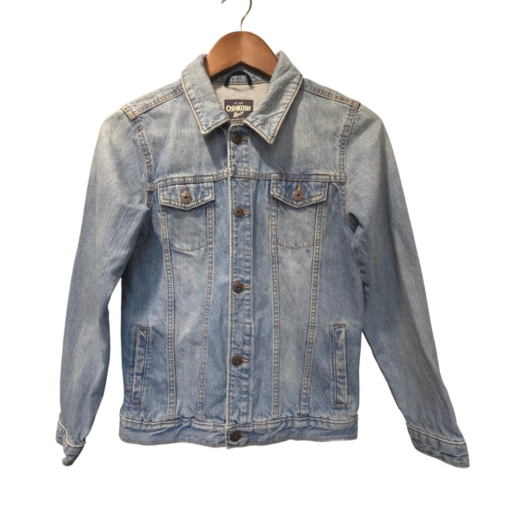 OshKosh Bgosh Kids Blue Denim 100% Cotton Jacket Light Wash Snap Front Size 14